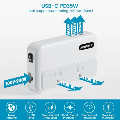 Miniatura 5 de BESTEK Convertidor de 220 V a 110 V con USB-C 35 W, adaptador de viaje universal, convertidor de corriente de Estados Unidos a Europa para alisador