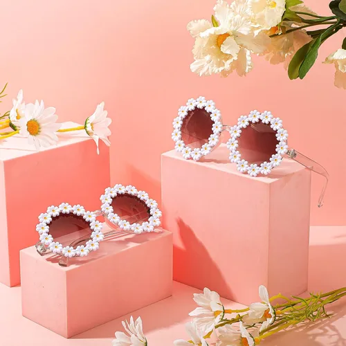 Miniatura 3 de 3 paquetes de gafas de sol retro con margaritas para mujer, gafas redondas de discoteca, gafas de sol novedosas florales para adultos y niños, M