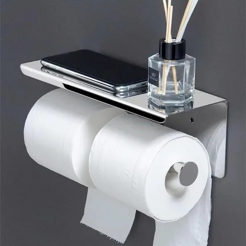 Miniatura 8 de Soporte de papel higiénico de doble rollo con estante, dispensador de pañuelos de acero inoxidable montado en la pared para baño (plateado)