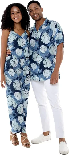 Camisa hawaiana Luau o overol con cuello en V para parejas con bolsillos en color azul marino de palma del Pacífico