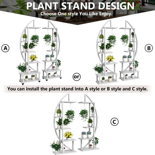 Miniatura 2 de 2 soportes de metal de 6 niveles altos para plantas de interior con ruedas desmontables, soporte para plantas para espacios exteriores con lazo