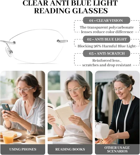Miniatura 8 de LUFF Rimless Reading Glasses for Women Blue Light Computer Readers Lightweight 16g Metal Frame Eye Strain Relief plateado