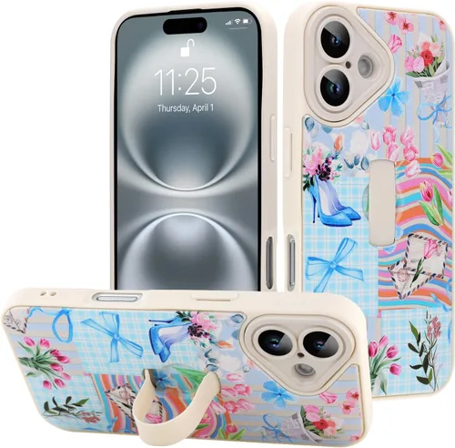 Miniatura 109 de Funda diseñada para iPhone 17 Pro Max con soporte plegable y correa para dedos, bonito patrón de lazo de corazón de flor rosa para mujeres y niñas
