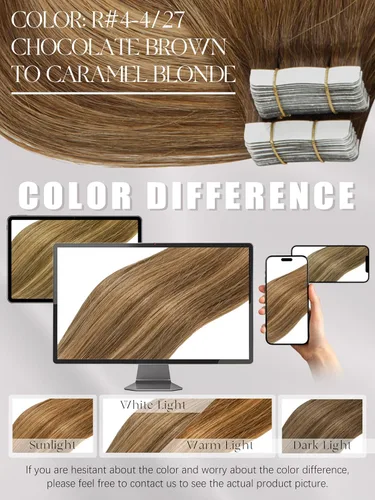 Miniatura 5 de Lacer Extensiones de cabello humano Remy con cinta, 20 piezas, 1.76 oz, extensiones de cabello humano con cinta color marrón chocolate a rubio