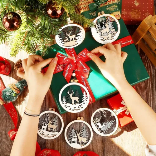 Miniatura 7 de 6 adornos de Navidad de madera con purpurina para árbol de madera de invierno del país de las maravillas, decoraciones colgantes de Feliz Navidad