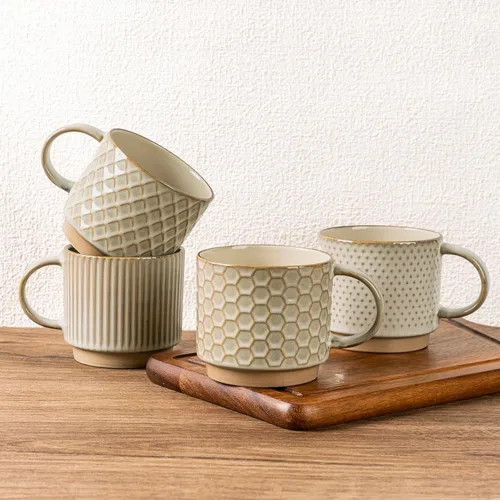 Miniatura 30 de GBhome Tazas de café apilables de 6 onzas, tazas de café de cerámica con patrones de textura para hombre, mujer, papá, mamá, juego de 4 tazas