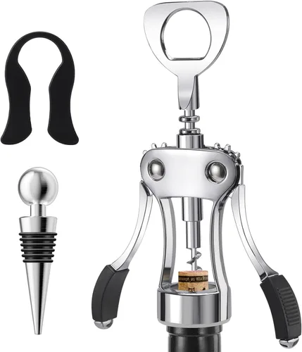 Abridor de vino con tapón, cortador - Paquete de abridor de botellas de vino, sacacorchos de ala de aleación de zinc resistente, abridor de cerveza