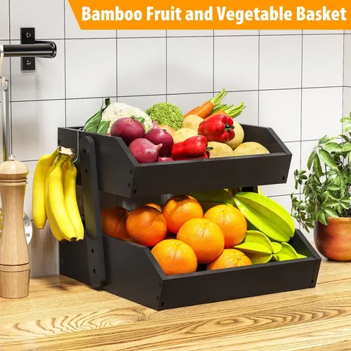 Miniatura 5 de Gmtsl Cesta de frutas de bambú para cocina, frutero de 2 niveles para encimera de cocina, soporte grande para frutas con 2 ganchos para plátanos