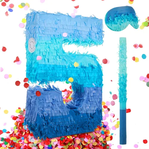 Miniatura 8 de Sratte Piñata número 1 2 3 4 5 6 7 8 9 Piñata con palo para los ojos vendados, piñata azul degradado para niños y niñas, suministros de decoración