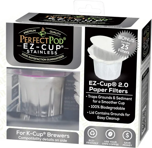 Miniatura 8 de EZ-Cup - Cápsulas de café reutilizables de acero inoxidable para Keurig + 25 filtros de papel desechables, cápsula recargable compatible con Keurig