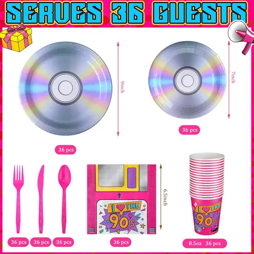 Miniatura 2 de Yungyan Juego de 252 platos y servilletas retro de los años 90, decoraciones de fiesta con texto en inglés "I Love the 90", desechables de vuelta a