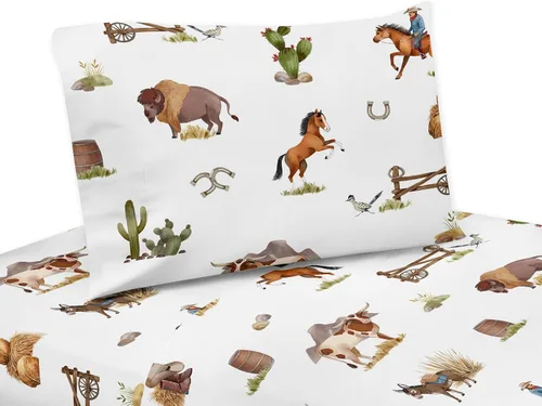 Sweet Jojo Designs Juego de sábanas de vaquero occidental para niño, tamaño individual, sábana bajera plana, funda de almohada, para niños,