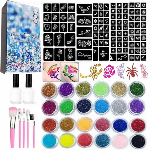 Kit de tatuajes temporales con purpurina para niños, 24 purpurina corporal, 2 pegamento, 5 pinceles, 187 plantillas, kit de maquillaje de Halloween