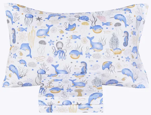 Scientific Sleep Juego de sábanas de animales marinos simpáticos de delfín, ballena, pulpo y medusa, 100% algodón, juego de ropa de cama individual