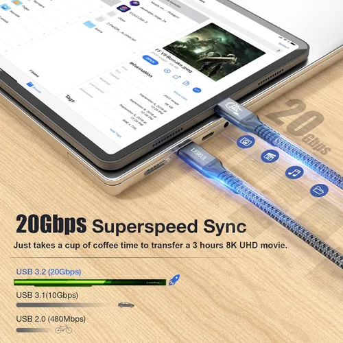 Miniatura 4 de Cable USB C a USB C de 240W Carga Rápida Transferencia de Datos 20Gbps Video Monitor 4K@144Hz/60Hz 8K@30Hz Cable USB 3.2 Gen 2x2 de Alta Velocidad