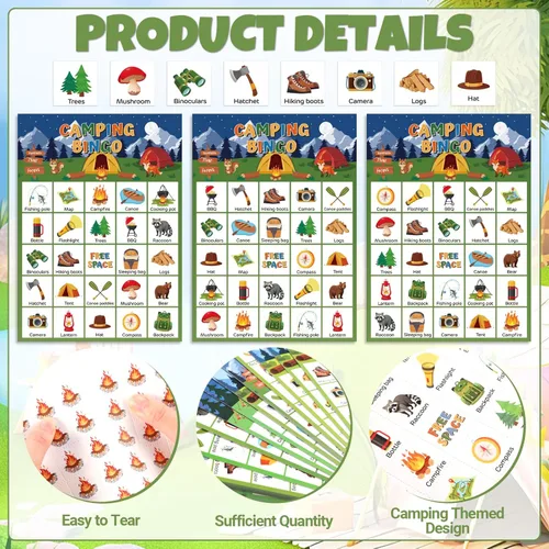 Miniatura 3 de Shappy 35 tarjetas de juego de bingo para acampar con 24 jugadores, juegos de aventura y fiesta, bosque, selva, tarjetas de bingo para actividades
