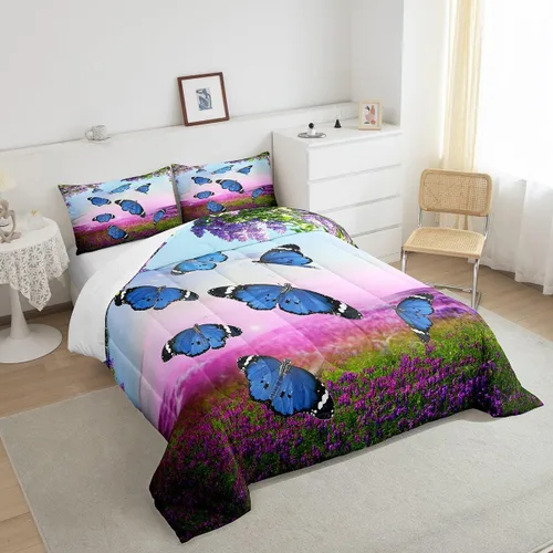Miniatura 4 de Juego de ropa de cama de mariposa azul para adultos, mujeres y niñas, juego de edredón con estampado de lavanda morado, tamaño individual, diseño