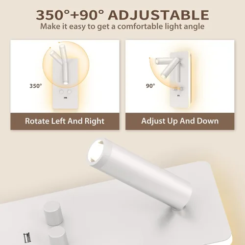 Miniatura 4 de M04 - Apliques regulables para montaje en pared, luz de lectura, lámpara de noche con puerto USB, enchufable, lámparas de pared con cable duro