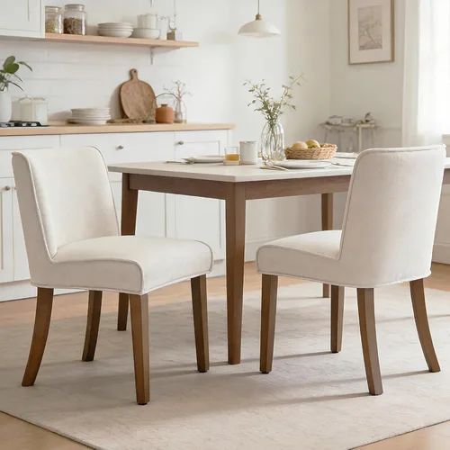 Miniatura 16 de Juego de 6 sillas de comedor de estilo rústico tapizadas de lino a rayas caqui, sillas de comedor sin brazos para el hogar, cocina, comedor, Franja