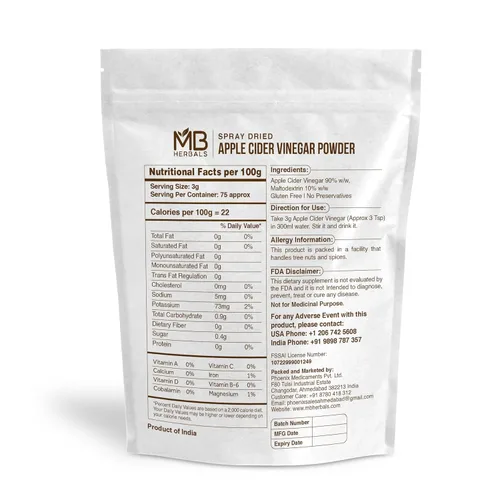 Miniatura 2 de MB Herbals Vinagre de sidra de manzana en polvo 8.01 oz (8 oz/media libra) 75 porciones secado por pulverización Sin gluten Sin