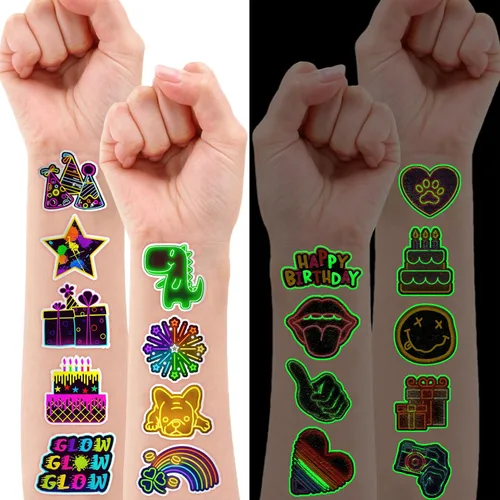 Miniatura 2 de 96 tatuajes temporales luminosos de neón que brillan en la oscuridad, 8 hojas de calcomanías lindas para niños, recuerdos de fiesta de cumpleaños