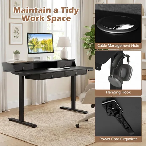 Miniatura 9 de Tangkula 55-Inch Electric Standing Desk with 4 Storage Drawers & Monitor Stand, Height Adjustable Stand Up Desk with 3 Memory Heights & Hook