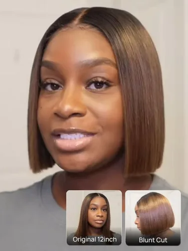 Miniatura 6 de Nadula Peluca Bob Recta Yaki Degradado Marrón Castaño con Cordón de Cabello Humano - Sin Pegamento Precortada 13X4 HD Pre Todo Peluca Frontal