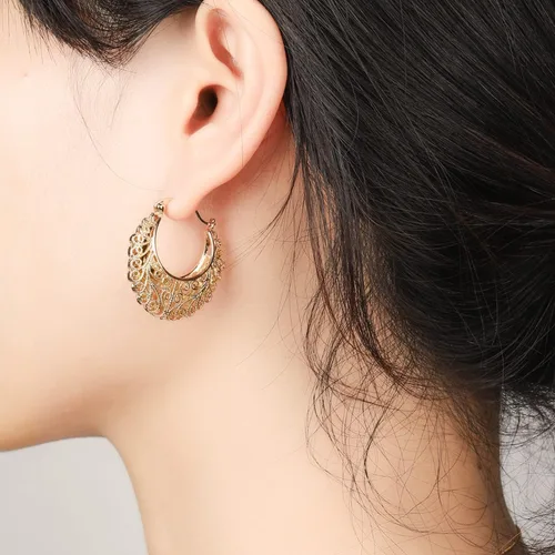 Miniatura 2 de Aretes de filigrana, estilo vintage, con filigrana, ovalados, chapados en oro, aretes colgantes chapados en oro, aretes bohemios amarillos para mujer