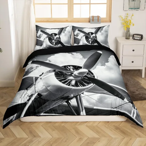 Miniatura 3 de Erosebridal Juego de ropa de cama con diseño de avión tamaño individual para niños y niñas, funda de edredón aeroespacial de aviación, gris y gris