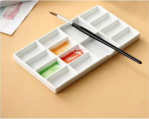 Miniatura 6 de 14 Wells - Paleta de pintura de cerámica para artistas, paleta de pintura de acuarela de porcelana de 8 pulgadas, bandeja de mezcla de cerámica