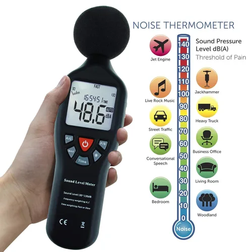 Miniatura 7 de Instrumento compacto medidor de nivel de sonido profesional con pantalla de retroiluminación Medición de alta precisión 30dB-130dB