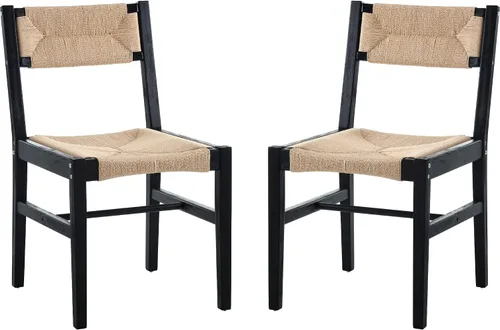 Miniatura 5 de BESTANO Juego de 2 sillas de comedor de ratán tejido, sillas de comedor bohemias de mimbre estilo granja, silla de comedor de caña de madera negra