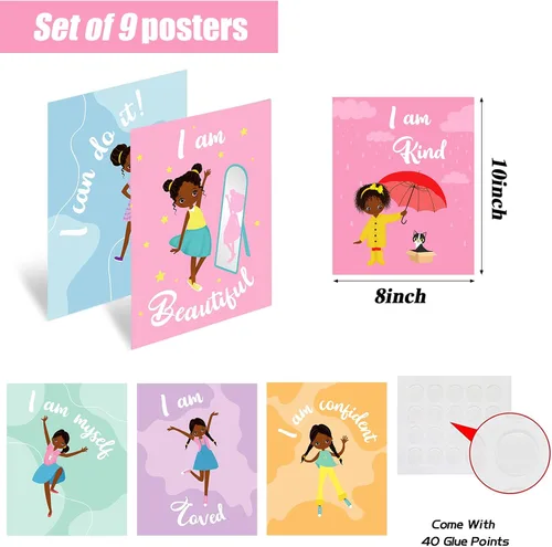 Miniatura 2 de Outus 9 piezas de decoración de pared de niña negra para habitación de niñas, cita inspiradora, arte de pared afroamericano, decoración