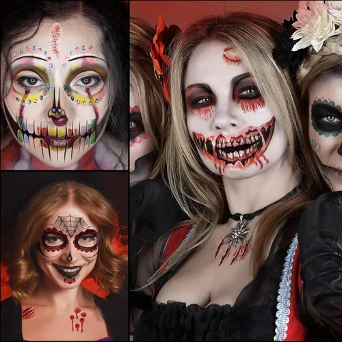 Miniatura 3 de 50 piezas de tatuajes faciales de broma de Halloween para adultos, mujeres y hombres, 10 calcomanías de terror para Halloween, 40 piezas de tatuajes