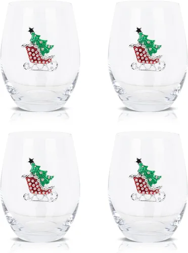 Vipush Juego de Copas de Vino Navideñas de 4 - 18 Oz Vasos para Beber con Cristal Navideño sin Tallo Copas de Vino de Vacaciones Regalo Cristalería