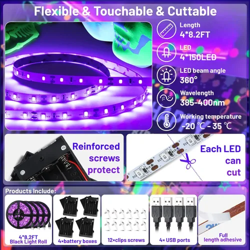Miniatura 3 de Tira de luz negra de 33 pies, funciona con USB y pilas, para fiesta brillante, tira de luces negras para decoración de Halloween, decoración de 10M