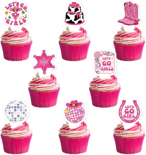Decoración para tartas de cumpleaños de vaquera disco – NOVBAUB 48 piezas de decoración de fiesta de cumpleaños de vaquera rosa intenso, suministros