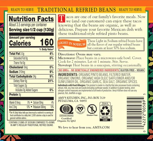 Miniatura 2 de Amy's Frijoles refritos orgánicos enlatados, frijoles tradicionales ligeros en sodio, veganos sin gluten y vegetarianos, 15.4 onzas (paquete de 12)