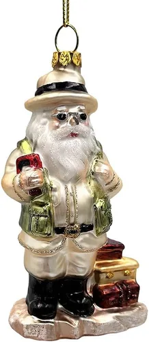 Adorno de cristal soplado a mano de Papá Noel de safari aventurero, decoración navideña temática de viaje de explorador africano de la selva