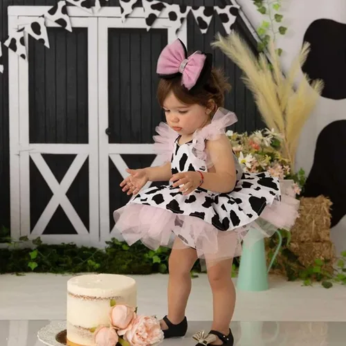 Miniatura 8 de Toddler Girl Fall Dress Baby Girls Romper Dress Infant Cow Print Tulle Clothes Take Home Outfit