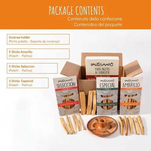 Miniatura 2 de PALOSANTO Paquete de Palo Santo - 5 palos amarillos + 5 palos de selección + 3 palos especiales + soporte de Palo Santo - Graveolens Bursera