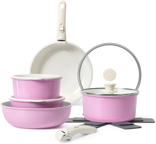 Miniatura 11 de SODAY Juego de 15 piezas de ollas y sartenes antiadherentes, juegos de utensilios de cocina con mango desmontable, herramientas de cocina RV Blanco