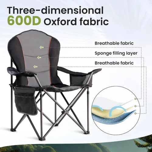 Miniatura 7 de Silla de Camping Sobredimensionada de Alta Resistencia - Silla Plegable Portátil, Portavasos y Estuche para Teléfono Impermeable para Adultos, negro
