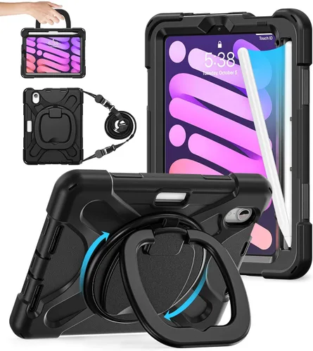 Miniatura 14 de BATYUE Funda para iPad Mini 7 A17 Pro 2024/iPad Mini 6 2021 de 8.3 pulgadas con soporte para lápices, soporte giratorio de 360°, correa