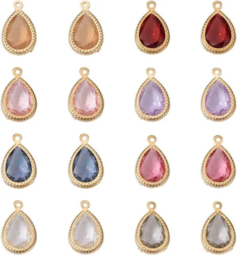 Cheriswelry 48 colgantes de diamantes de imitación de resina en forma de lágrima con ajustes de latón dorado con diamantes de imitación facetados en