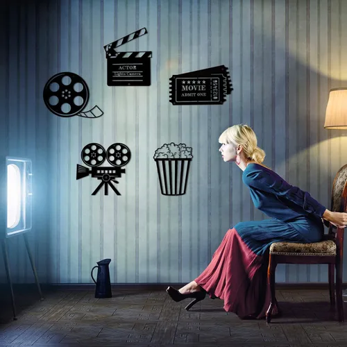 Miniatura 4 de Moxweyeni 5 piezas de decoración de cine de metal para el hogar, sala de cine y palomitas de maíz, cartel de pared, arte de cine, película de cine