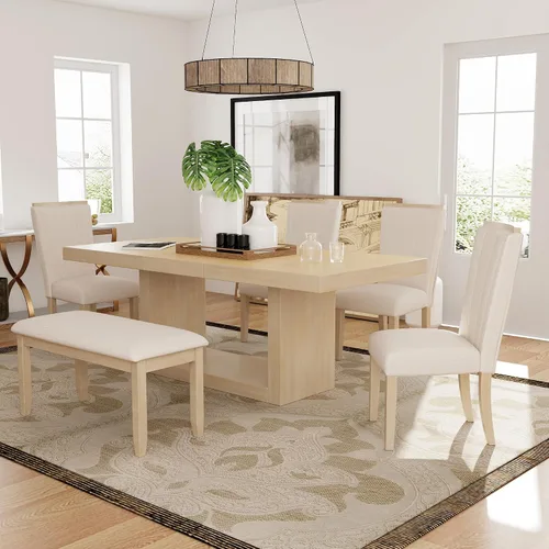 Miniatura 10 de Mesa y sillas de comedor con banco, juego de comedor de madera rústica, juego de 6 (gris)