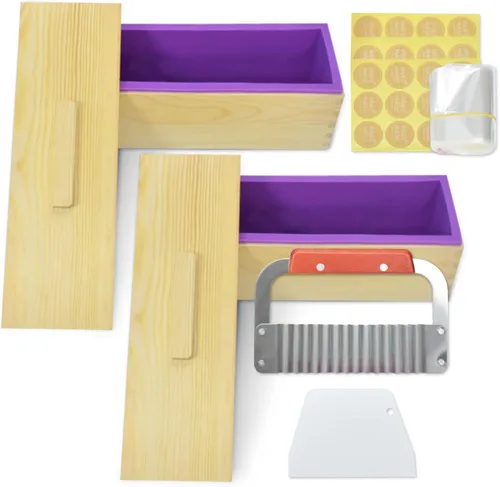 Artcome Moldes para pan de jabón de 42 onzas, 2 juegos de moldes rectangulares de silicona, caja de madera con tapa, suministros para hacer jabón de