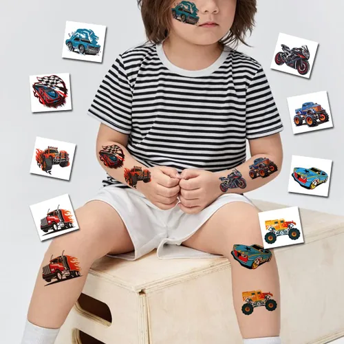 Miniatura 4 de CHARLENT 148 tatuajes temporales de autos de carreras y camión monstruo para niños, tatuajes individuales de automóvil GoKart para niños, regalos
