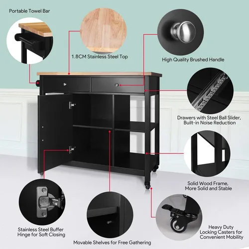 Miniatura 4 de ChooChoo Islas de cocina sobre ruedas con parte superior de madera, carrito de cocina móvil de madera utilitaria con almacenamiento y cajones